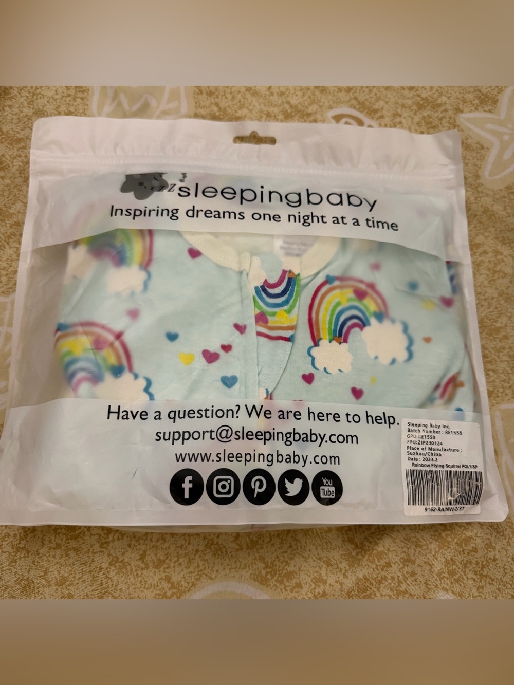 Sleeping Baby Flying Squirrel Pajama Rainbow Size 2T-3T